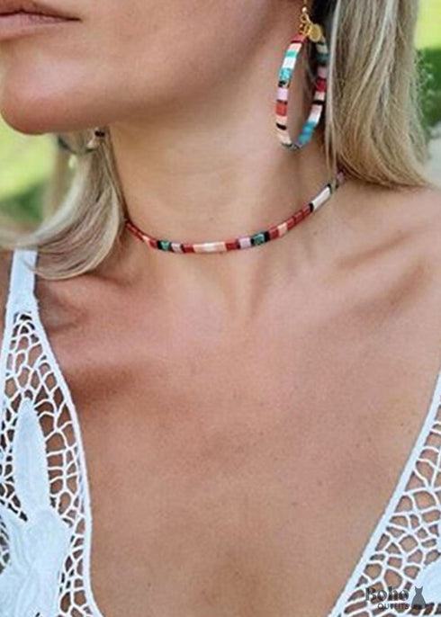 Boho Necklace, Tila Bead Choker with Bracelet, Color of Life